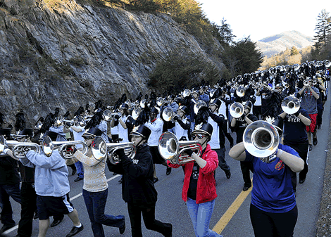 The WCU marching band rehearses on N.C. 107.