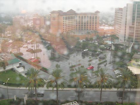 Raindrops hit a window on the the 15th floor of the Hyatt in Anaheim, Calif.