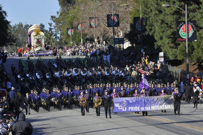 The band marches in the Rose Parade.